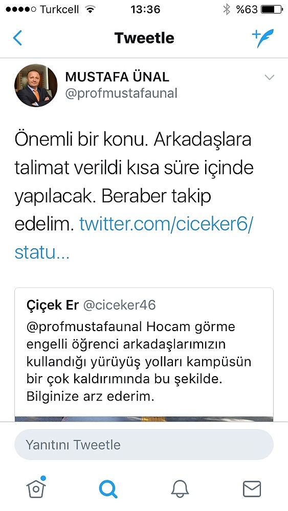 Öğrencilerin engelli yolu duyarlılığına Rektör'den jet yanıt
